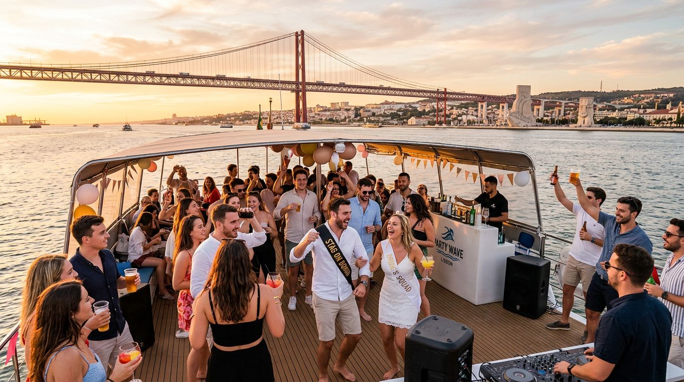 Stag and hen group at a boat party on a catamaran on the River Tagus, Lisbon
