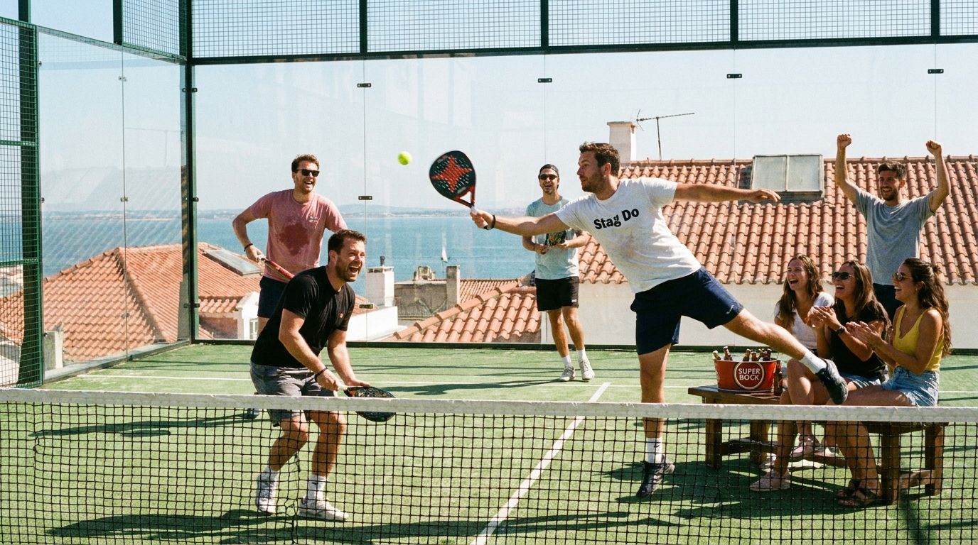 Stag group playing a padel doubles tournament on a glass court in Lisbon