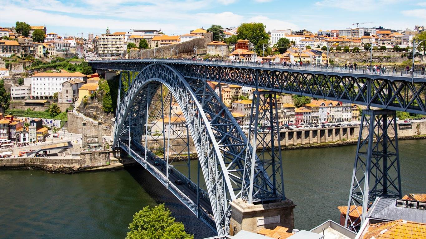 Beautiful view of the Dom Lís bridge during the day, in Portugal Porto