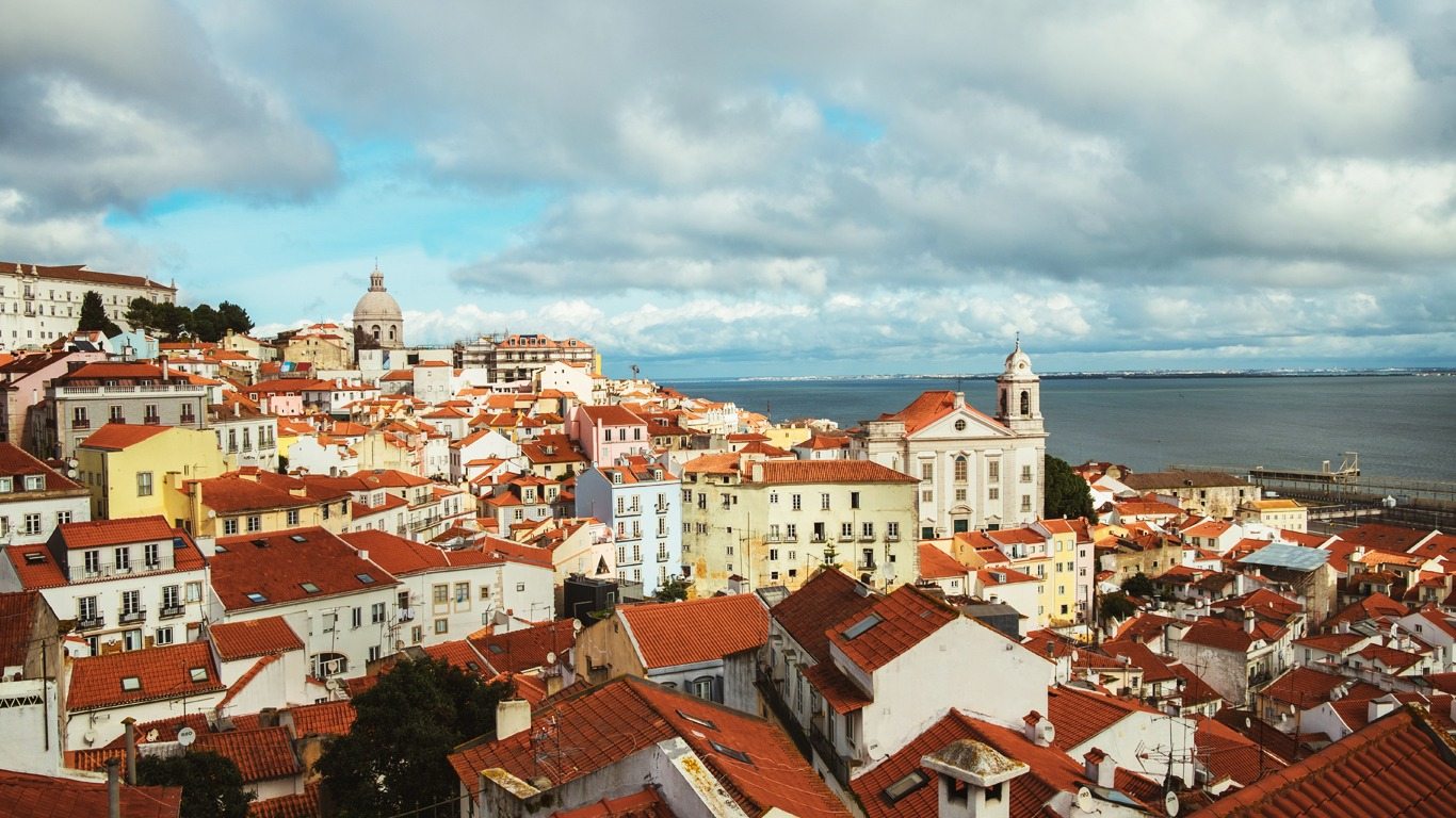 Top view of buildings next to the Tagus river, Lisbon Portugal